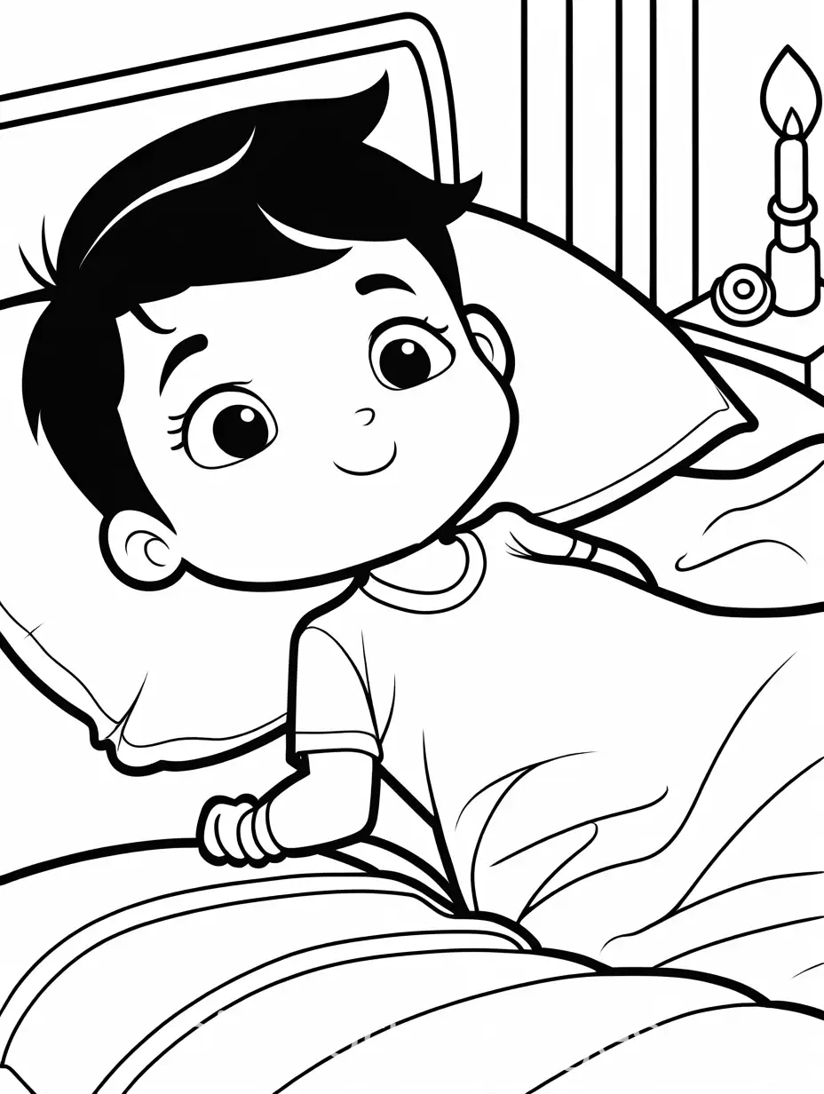 boy waking up in the morning, Coloring Page, black and white, line art, white background, Simplicity, Ample White Space. The background of the coloring page is plain white to make it easy for young children to color within the lines. The outlines of all the subjects are easy to distinguish, making it simple for kids to color without too much difficulty