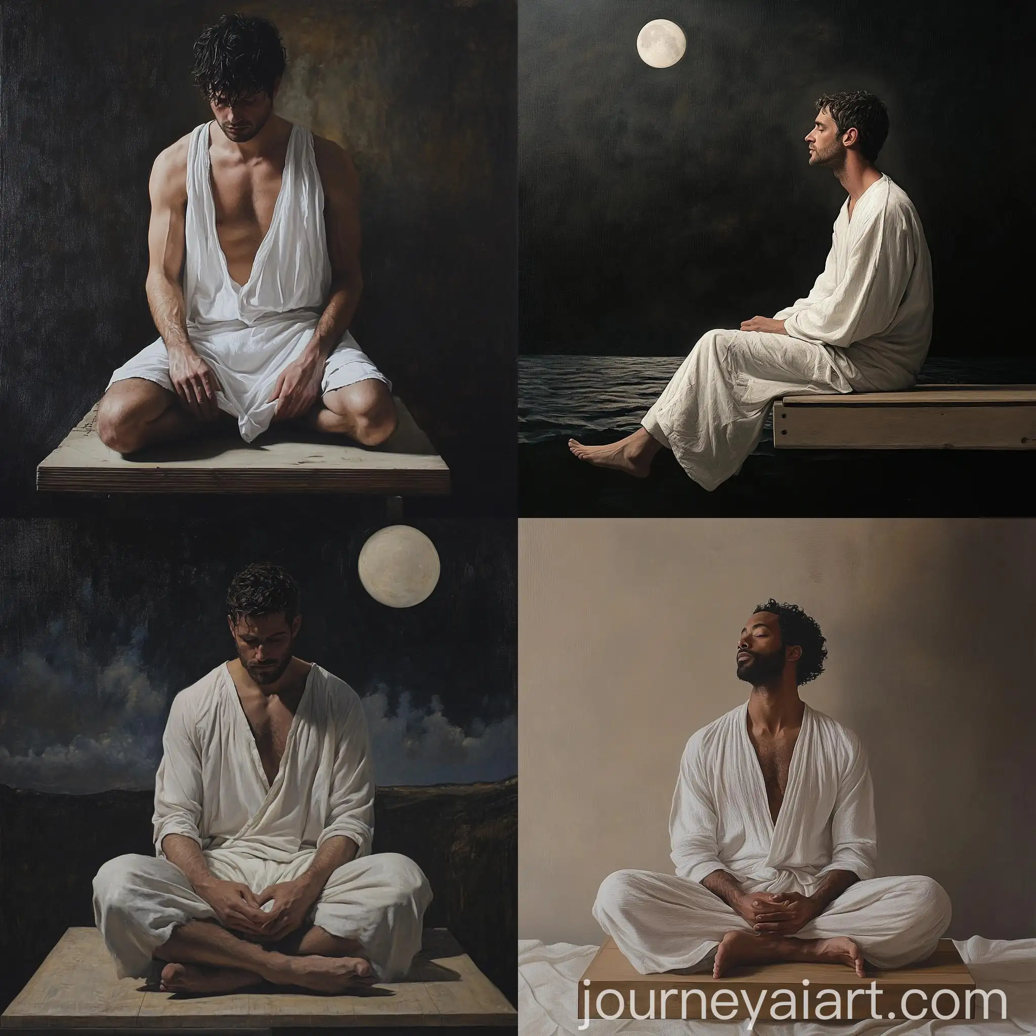 Man-Sitting-on-Board-in-White-Nightgown