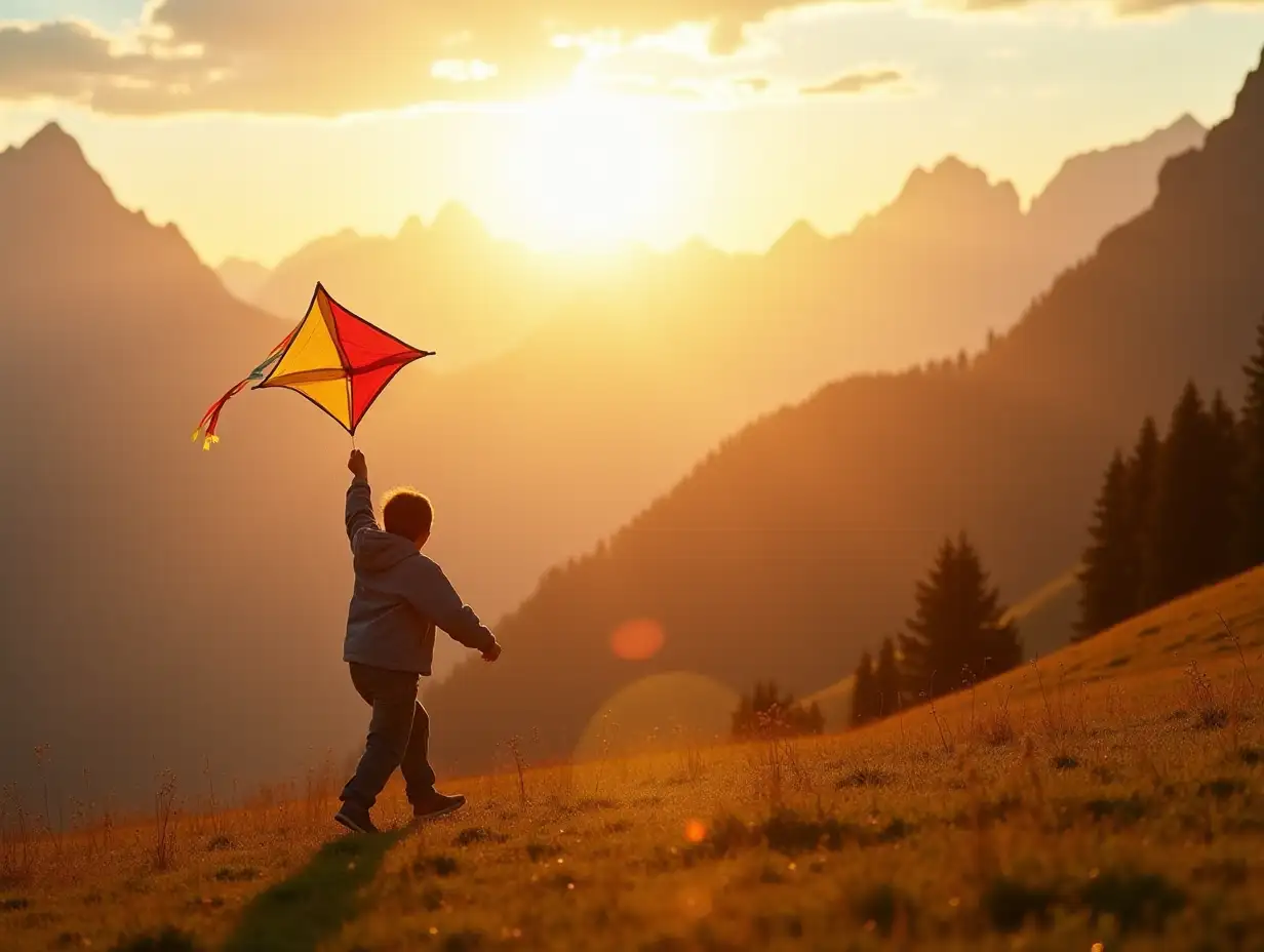 Little happy child boy running with kite. Wonderful mountain landscape in Alps at sunset. Travel, vacation alps.