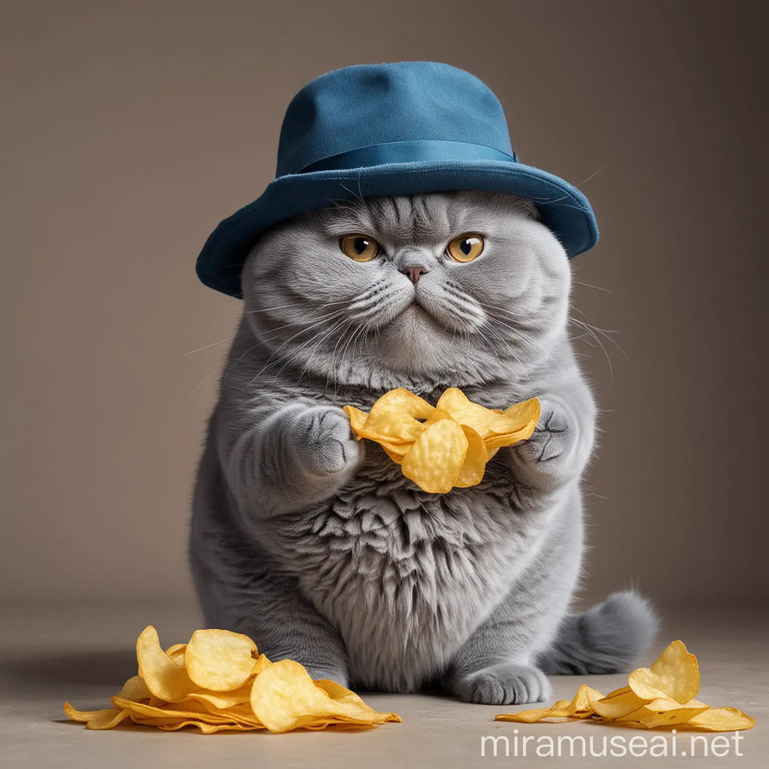 Fashionable Blue Cat Enjoying Potato Chips