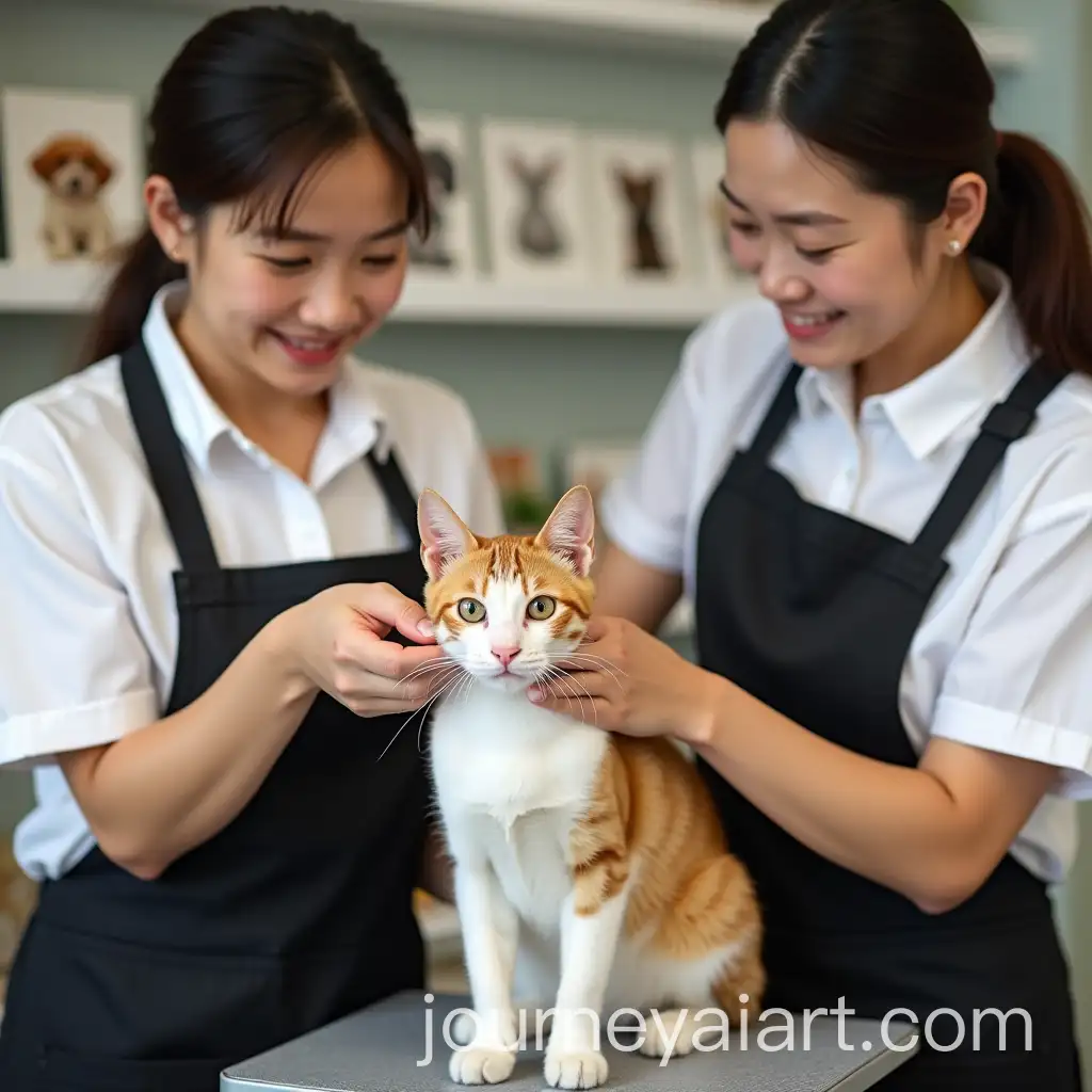Asian-Staff-Grooming-British-Shorthair-Cat-in-Pet-Store