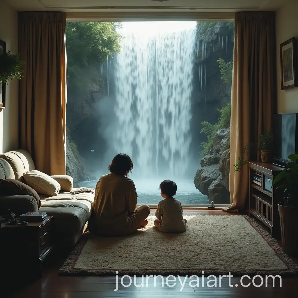 Family-Sitting-in-a-Living-Room-with-a-Waterfall-Inside-the-House
