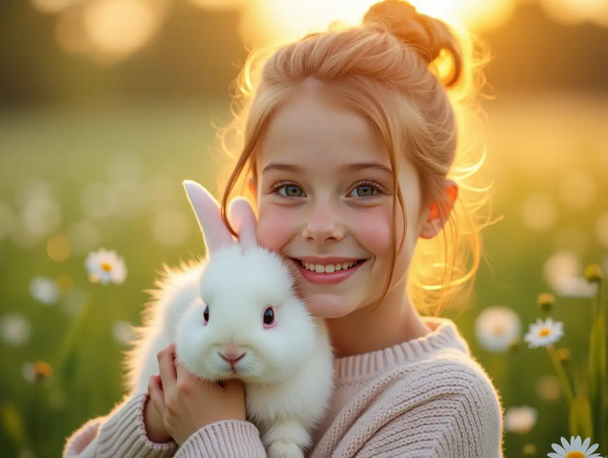 user_prompt: Young girl 28 years old, Slavic features, fair skin and light chestnut hair, gathered in a soft hairstyle, without makeup, jewelry, lipstick, natural nails, not painted. She gently holds a small white fluffy rabbit to her face, presses it against herself and smiles sweetly. She is wearing a pastel sweater with long sleeves. In the background - a bright green meadow with flowers (daisies, clover), golden sunset, warm soft light. Realistic style, like a photograph, natural colors, lively gaze, natural light, clear details of face and fabric.