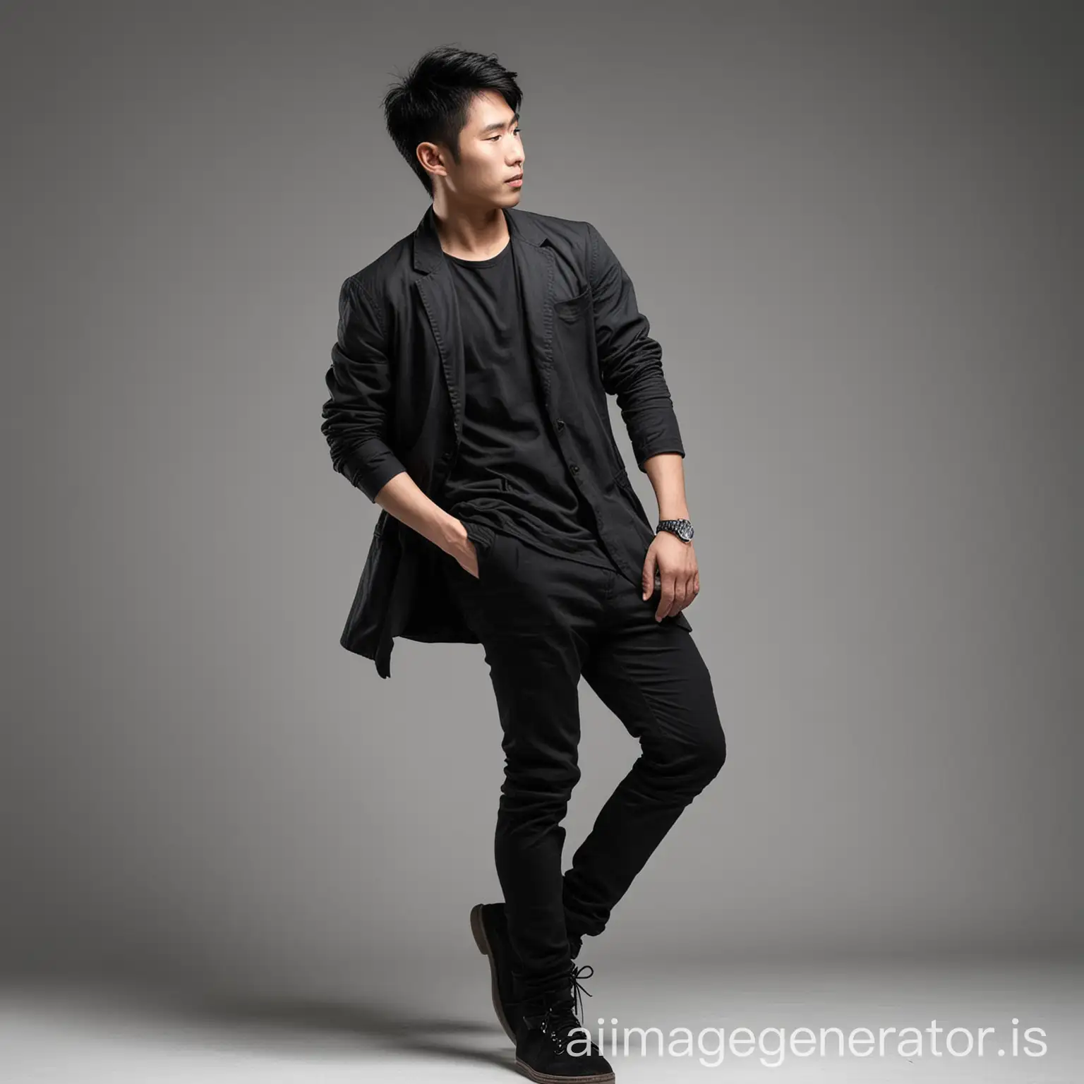 Asian male portrait white background dark clothing full body side profile hand movement