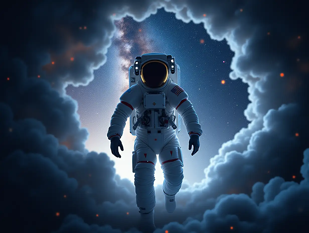 An astronaut breaks through a barrier, entering the infinite expanse of outer space, surrounded by swirling stars and cosmic clouds