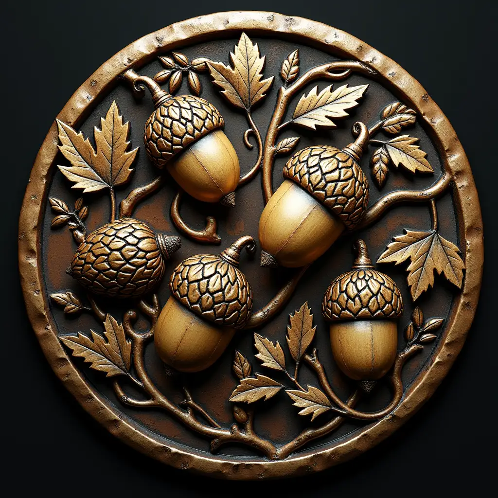 Intricately-Designed-Circular-Coin-Featuring-Carved-Acorns