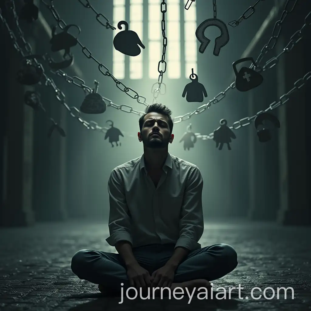 Man-Trapped-in-Mental-Prison-with-Invisible-Chains-and-Symbols-of-Society