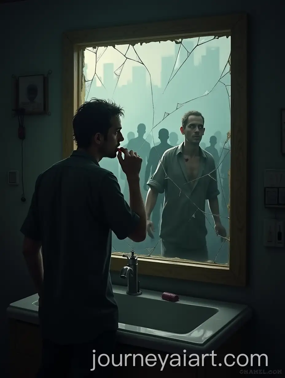 Lone-Survivor-Brushing-Teeth-in-Apocalyptic-Setting-with-Zombies-Outside