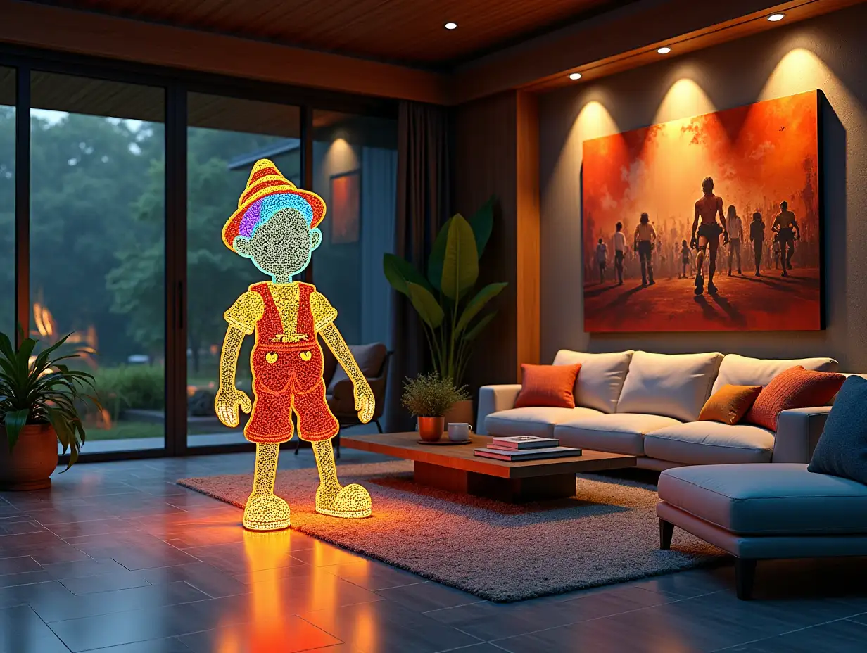 Large modern living room with illuminated colorful metal statue of Pinocchio on the floor.with furniture with plants with Attack on Titan image on the wall Zen-Garden with carefully tended rocks, a meditative 180 degrees capture 8K resolution Vibrant