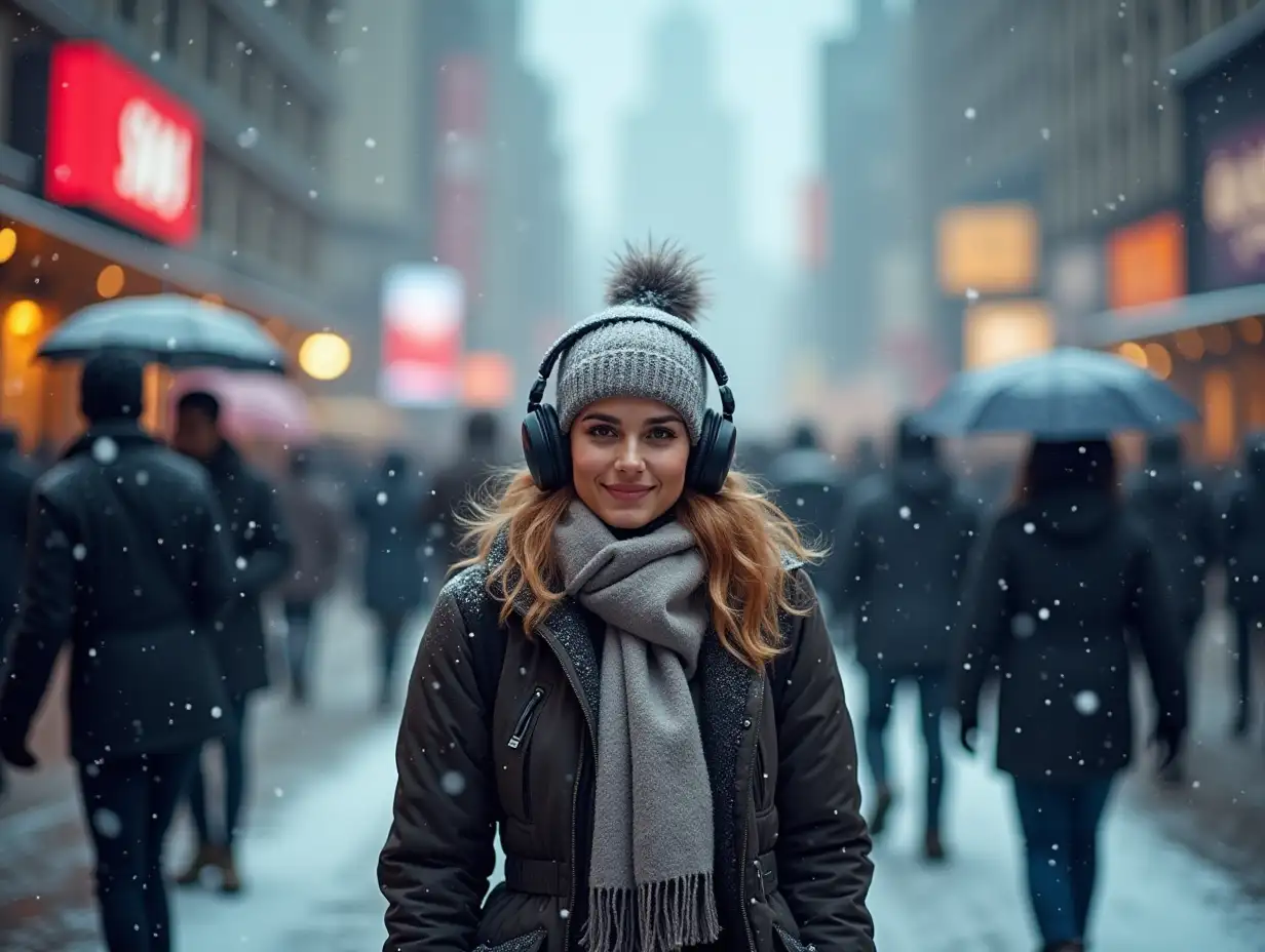 Woman-in-Winter-Attire-Navigating-a-Busy-Snowy-City-Street