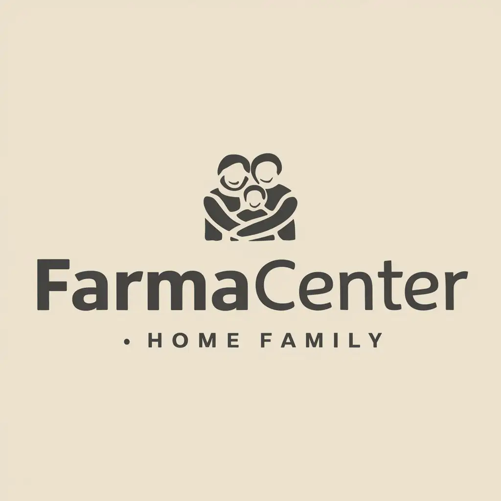 a logo design,with the text "farmacenter", main symbol:a family group of three members embracing,Moderate,be used in Home Family industry,clear background