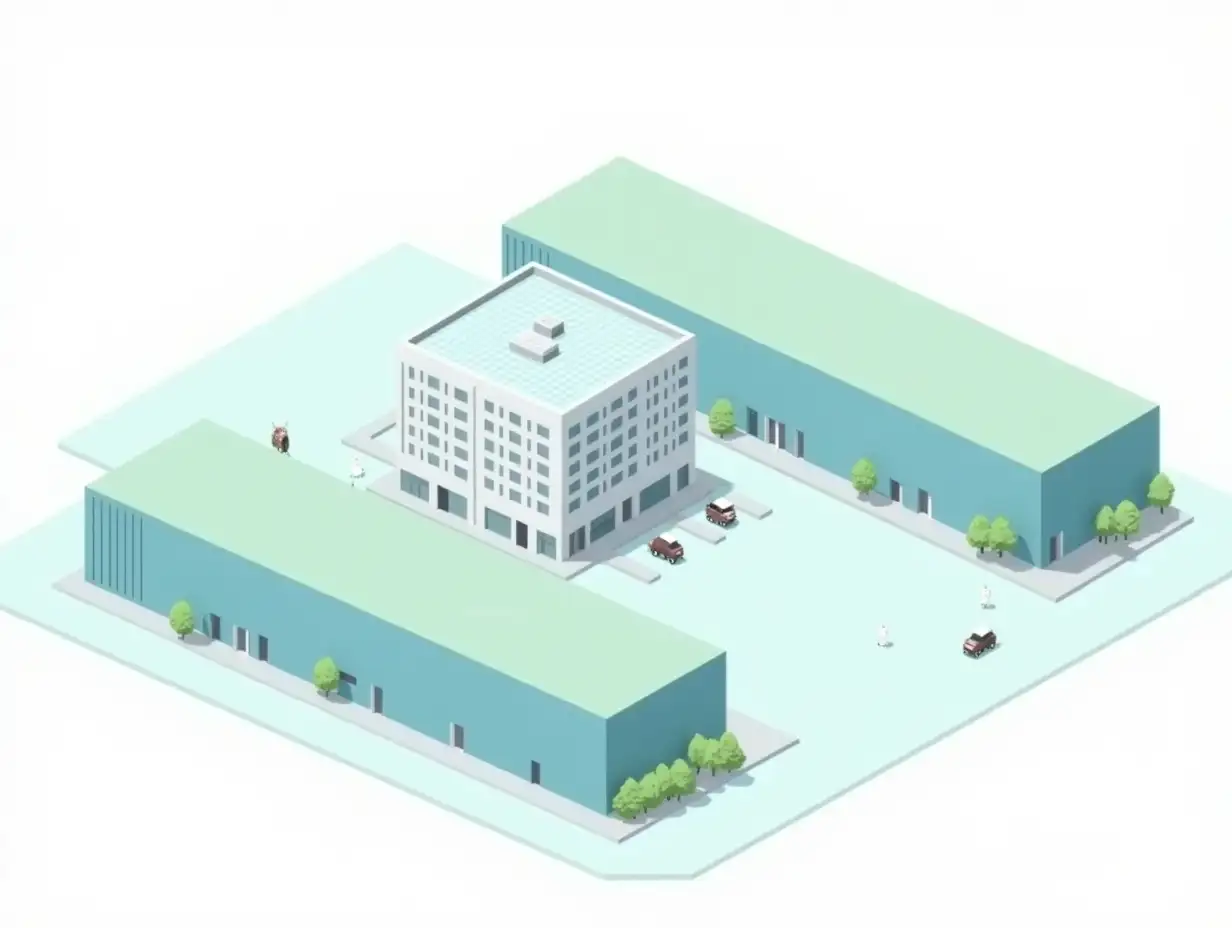 2 very long and tall rectangular industrial warehouses with blank walls of light blue with a green tint are arranged in a single line, in the center between these warehouses is one square white office building with many windows on the facade, parking in front of the building, trees and small white cats dressed as office staff, Sticker design - top view, high resolution, vector graphics, white background, anime-style coloring.