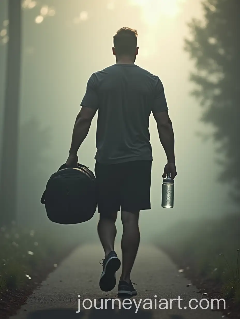 Masculine-Man-Emerging-from-Mist-with-Gym-Bag-and-Water-Bottle