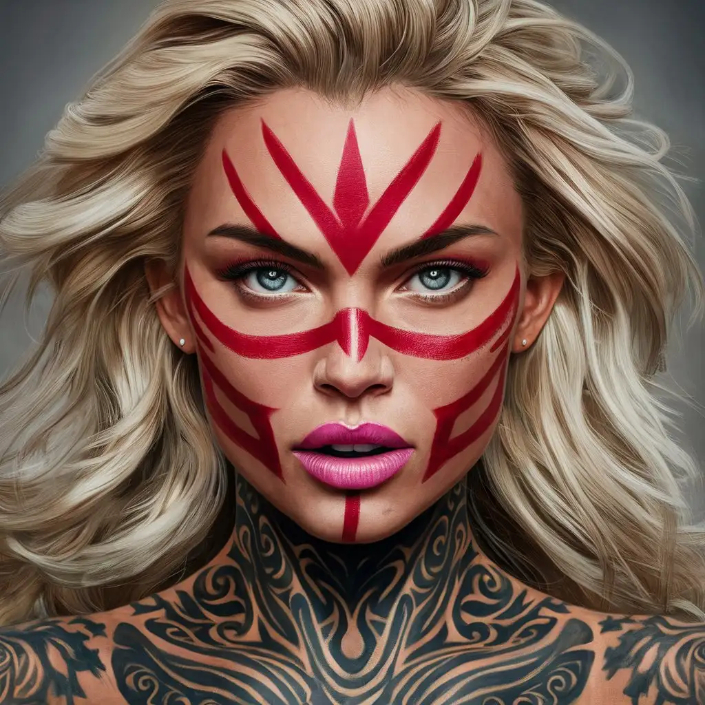 Blonde Woman with Tribal War Paint and Tattoos