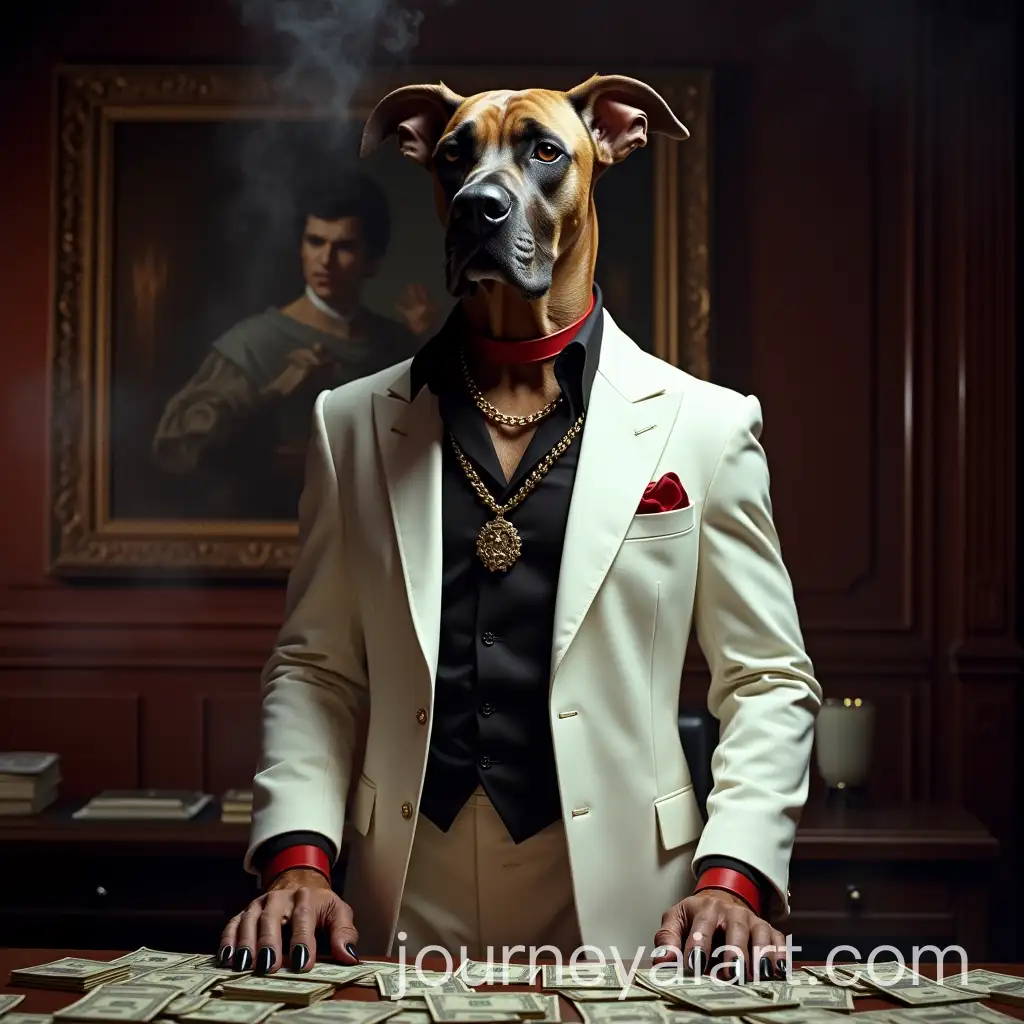 Great-Dane-in-Scarface-Scene-with-Gold-Chain-and-Crimson-Collar