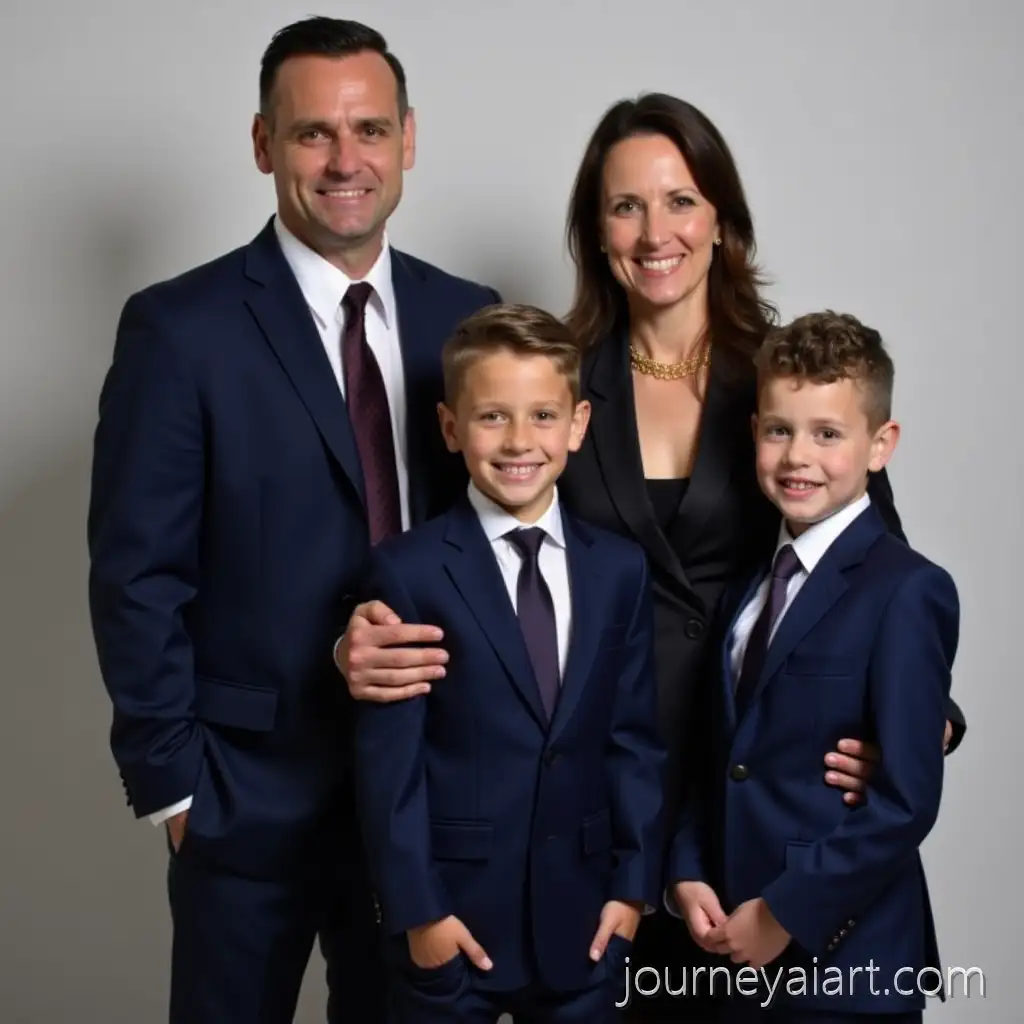Formal-Family-Portrait-of-Father-Mother-and-Two-Sons-in-Dark-Blue-Blazers