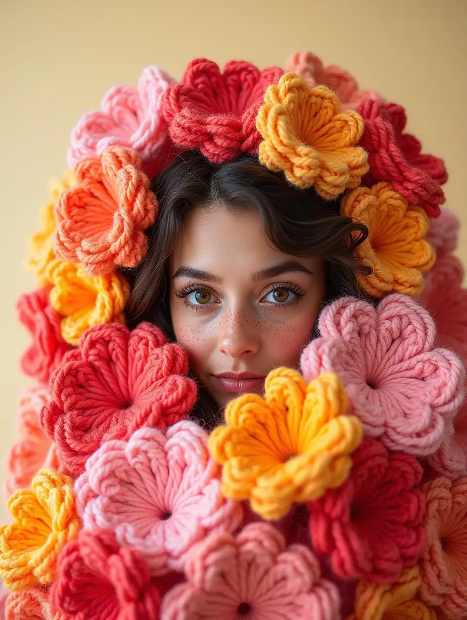 Whimsical-Portrait-of-a-Woman-Surrounded-by-Crocheted-Flowers-in-Pastel-Shades