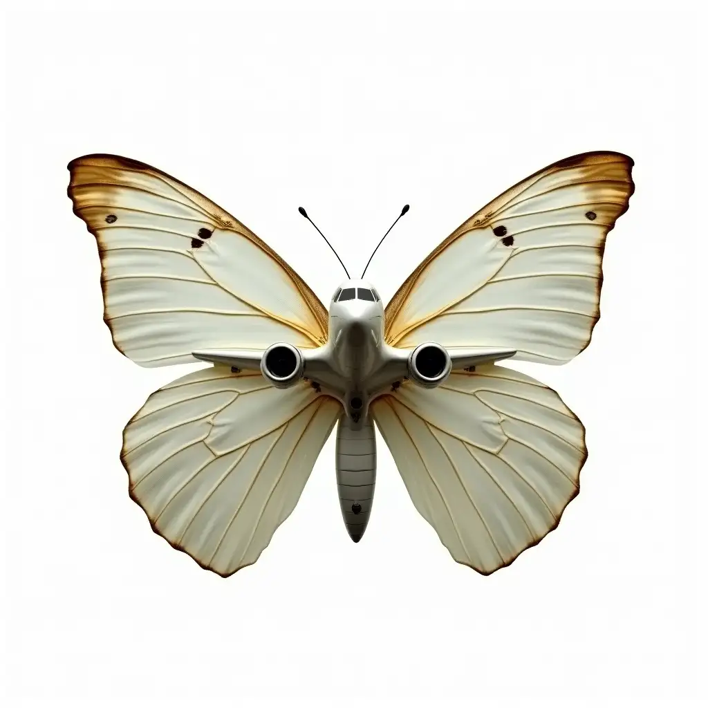 A surreal butterfly where its entire body is completely replaced by a realistic airplane. The airplane is detailed, with visible windows, engines, and wings, seamlessly taking the place of the butterfly’s natural body. The butterfly’s delicate, natural wings remain unchanged, attached to the airplane instead of an insect body. The background is pure white, creating a clean and minimalist setting that highlights the surreal fusion of nature and machinery.