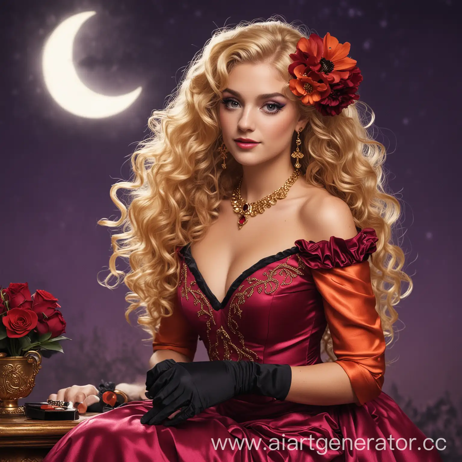 Orange horse with red v-neck evening dress , golden heels , black evening gloves ,moon shaped earrings , ruby necklace , golden cuff arm bracelets , hair styled curly , purple eyeshadow , black mascara and a flower on her hair.