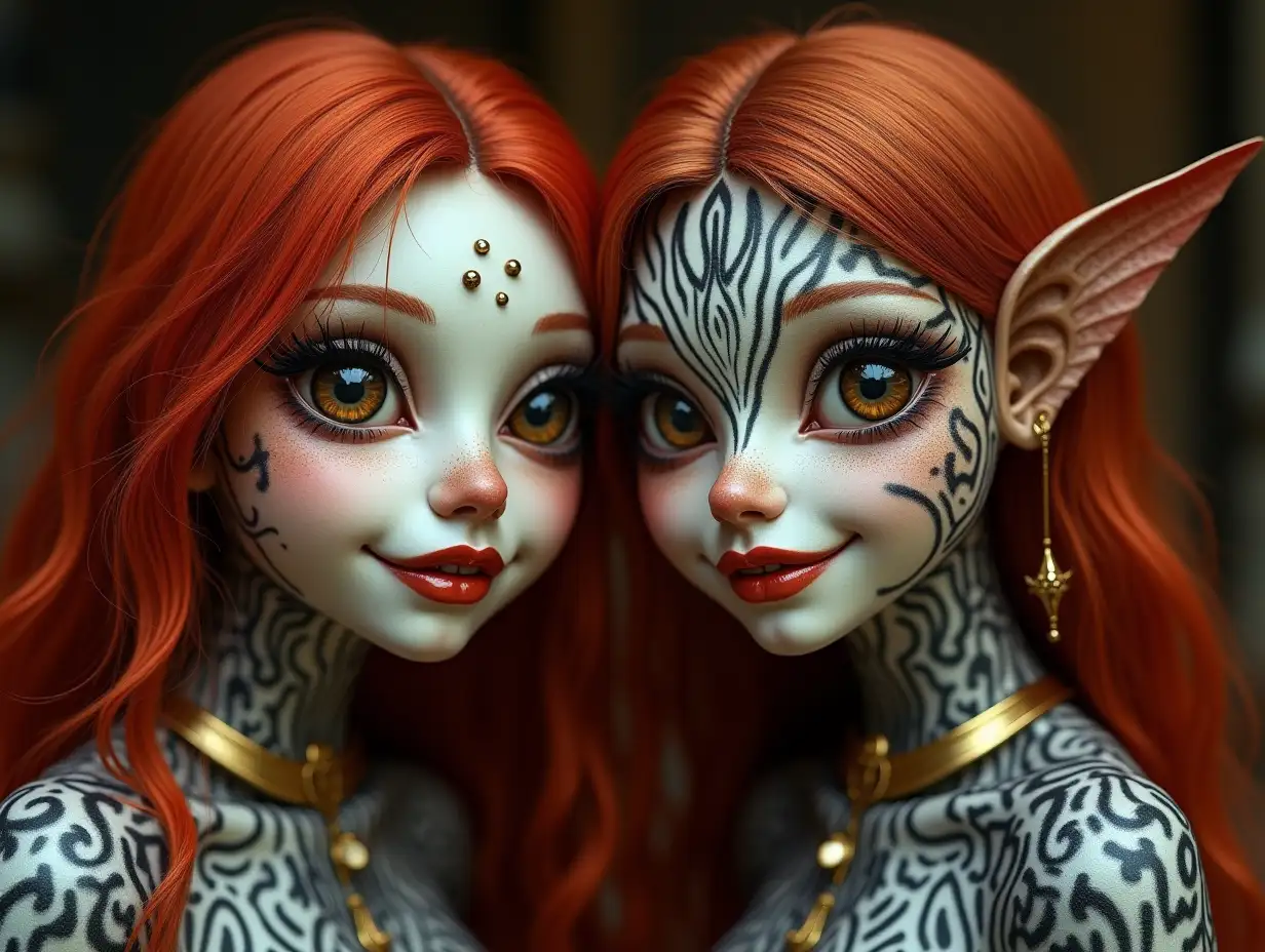 Two young black and white pattern Older Fish with Alien face, with red hair, with a slight smile on their face, emphasizing their smile, modern retro jewelry, in a temple much gold various shades 4k