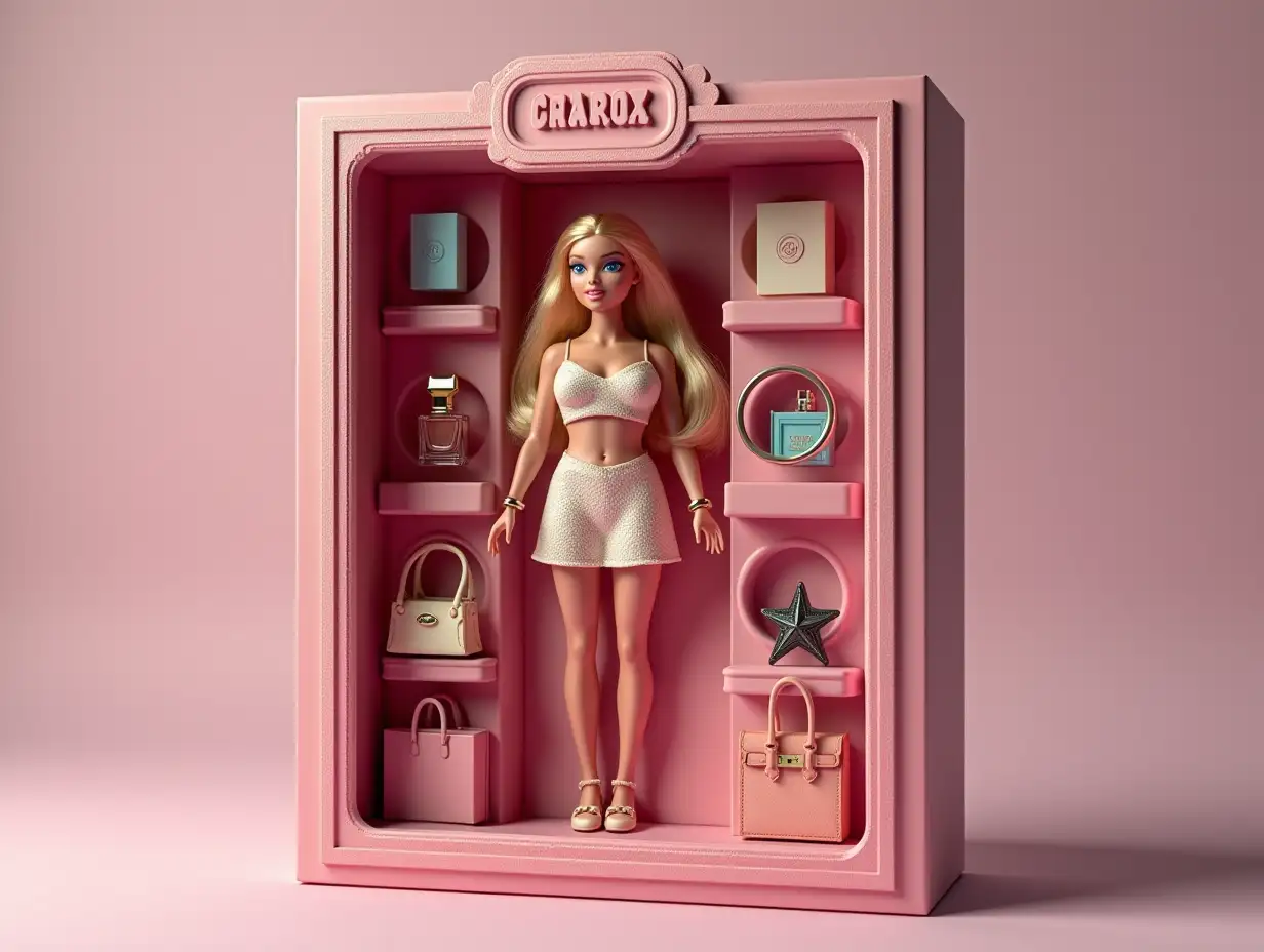 Create a figurine of a doll in a package in the form of a collectible toy car With each element repeating and create a realistic picture in the ratio of 9*16 for stories A toy in the form of a 3D BRATZ doll, made of soft touch plastic. The doll is in a box full size. At the top of the box write the name of the doll CHAROS and below the letters SUPER LADY are engraved on the box pink color with a border as if embossed Below. The box itself is brown-pink and transparent plastic in front. Inside the box next to the doll there are accessories in separate compartments and as if embedded in the box: A pack of money A red notepad with the inscription «BLESK» Perfume EX NIHLO BLUE TALISMAN IPHONE 16 PRO MAX Hermes KELLY bag color Tiffany MACBOOK