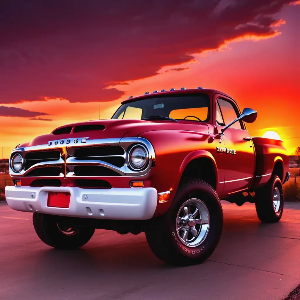 Red-Dodge-Car-Driving-Through-Sunset-Landscape