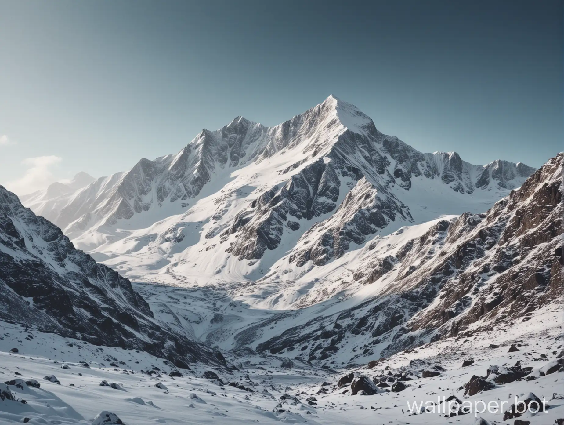 Generate for me a wallpaper of a photo: a snowy mountain, with calm colors and no people, in 4k resolution if possible 16:9