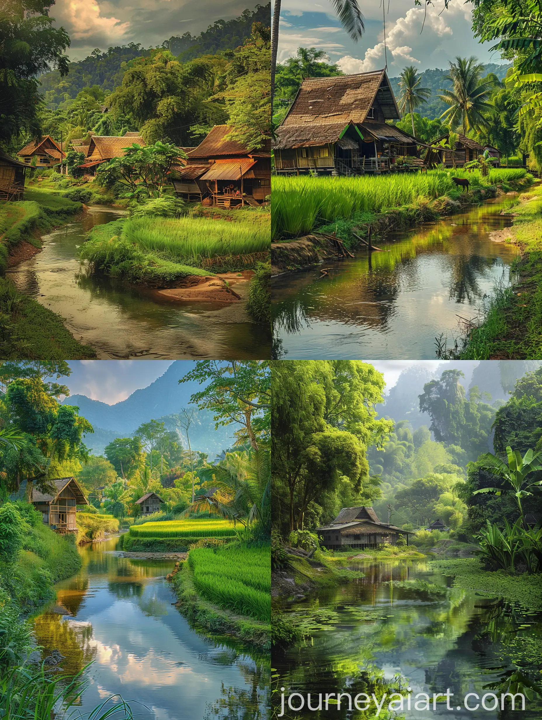 Serene-Landscape-of-an-Old-Thai-Village-with-Winding-River-and-Lush-Green-Paddy-Fields