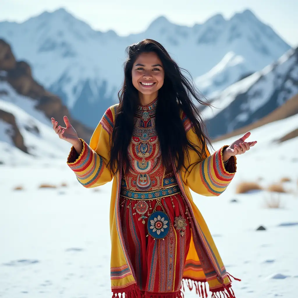 244 / 5,000 A beautiful young woman with dark skin is captured walking in the middle of the snowy mountains. She has long, slightly wavy black hair. Her expressive face, and a beautiful smile. She wears beautifully colored Andean ceremonial clothing and displays gestures of great wisdom. The overall scene is vibrant and dynamic, and captures the energy of a live performance. Realistica, fantastic