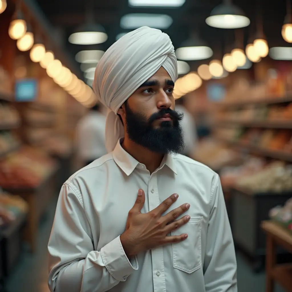 Emotional-Islamic-Youth-in-Turban-Reflecting-at-a-Market