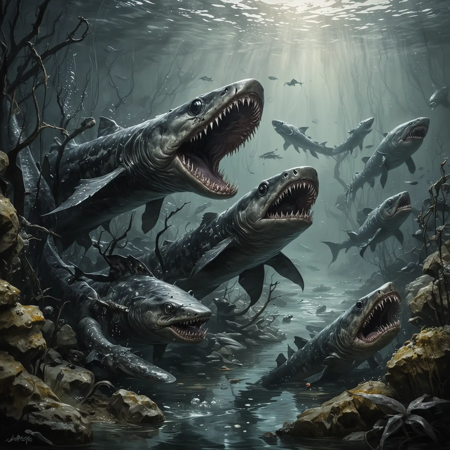 Underwater Fantasy Painting of Scary River Eels in Murky Waters