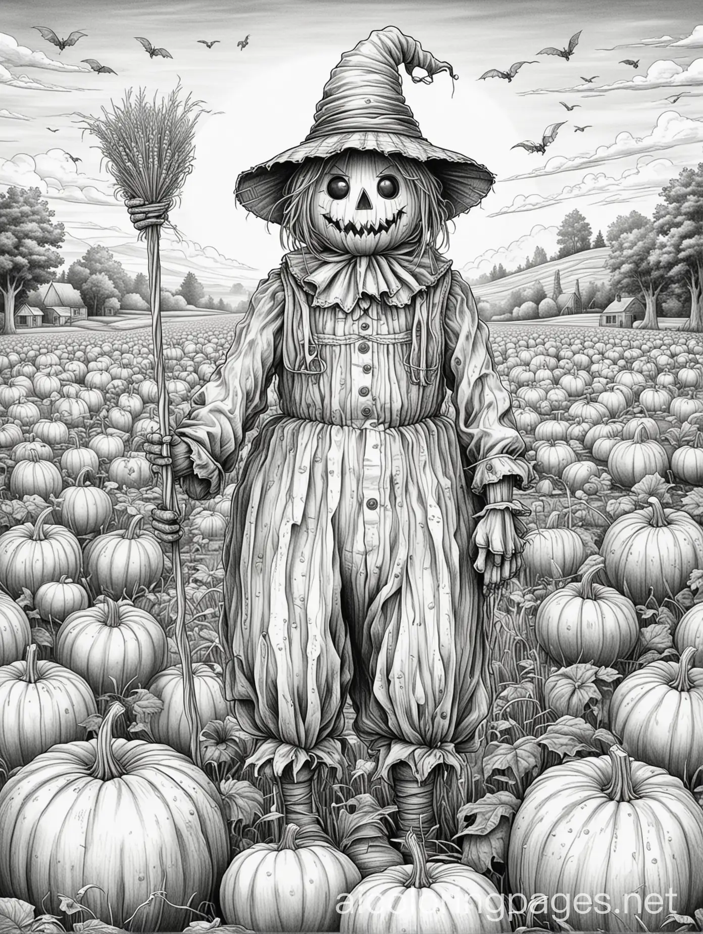 Creepy-Straw-Scarecrow-in-Pumpkin-Patch-Coloring-Page