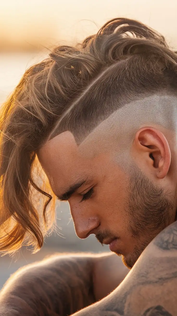 Closeup-of-Man-with-Taper-Fade-and-Flowing-Waves-at-Sunset-on-the-Beach