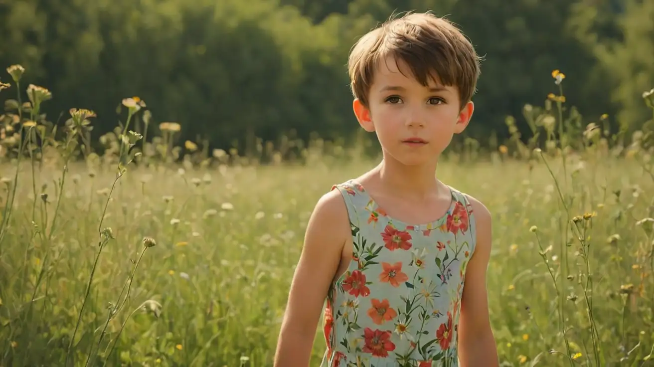 6 yo short-haired boy in a floral sundress in a meadow