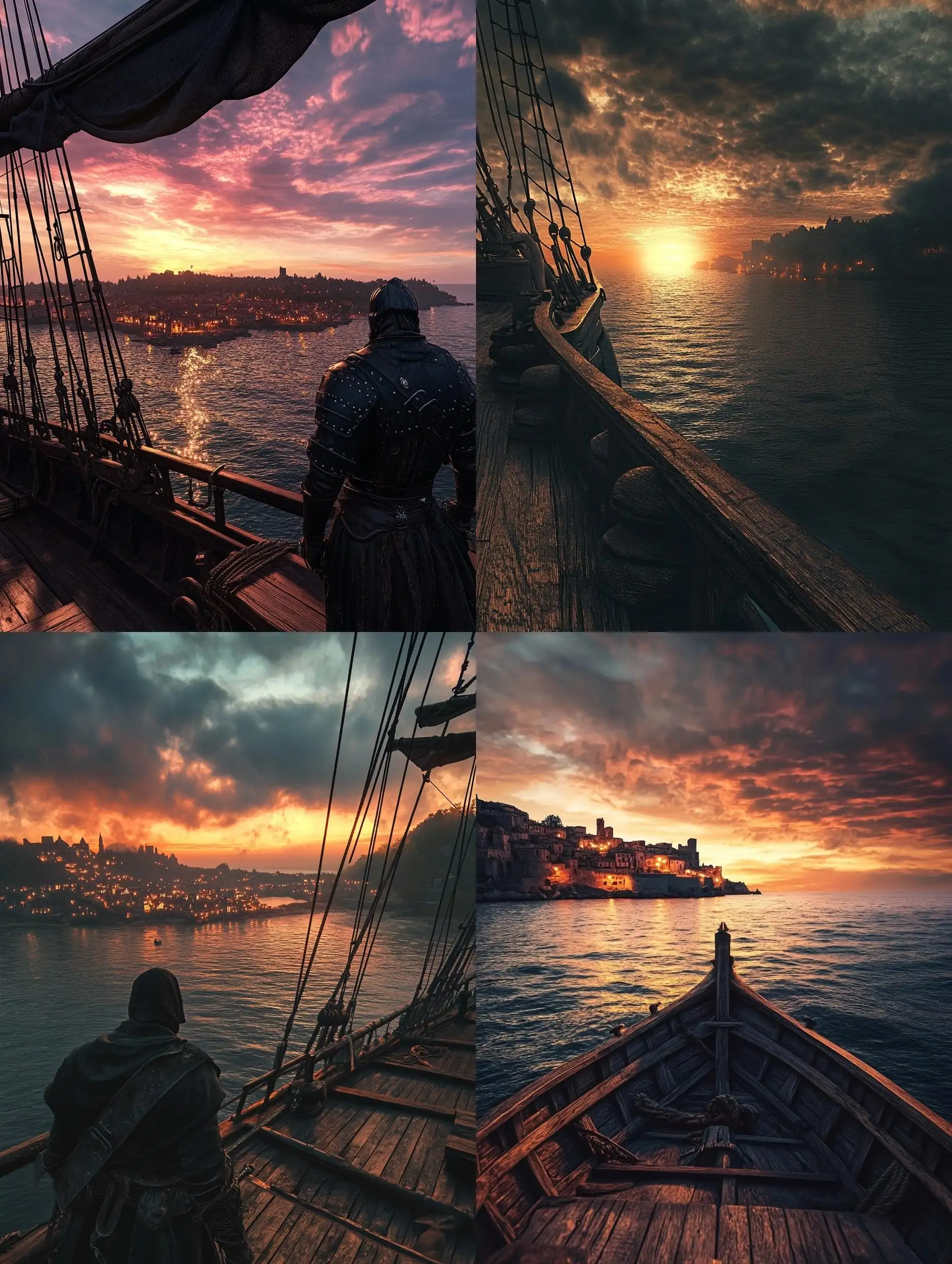 FirstPerson-View-from-a-Galleon-Approaching-a-Mystical-Port-at-Sunset