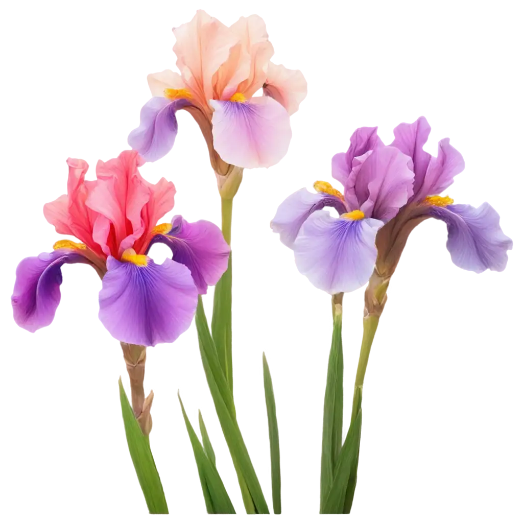 Exquisite-Iris-Flowers-in-PNG-Format-Shades-of-Light-RedPurple-Purple-and-Blue-with-Pastel-Pink-Blossoms