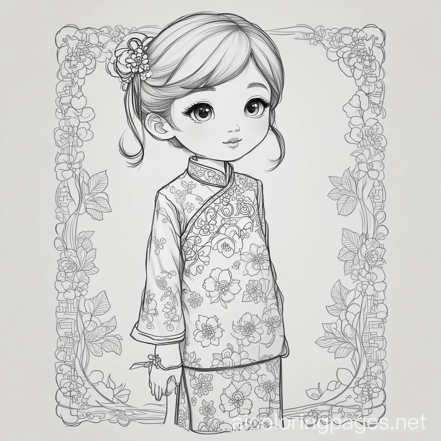 Girl-in-Cheongsam-Coloring-Page-Line-Art-on-White-Background