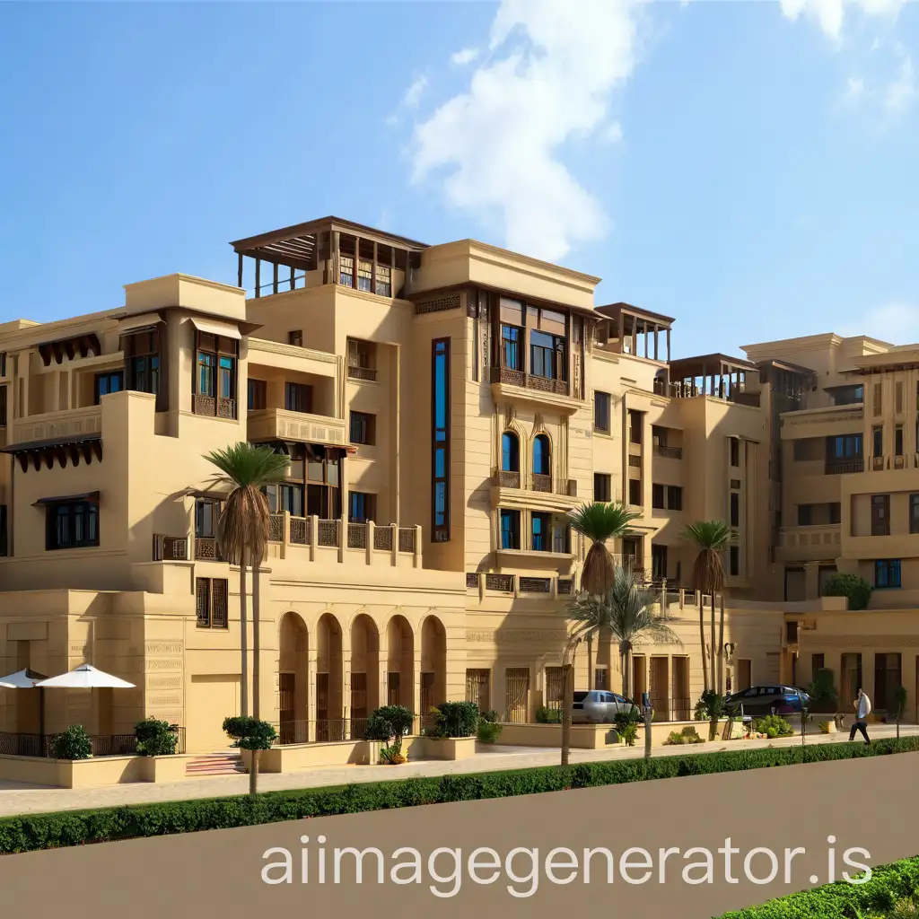 I want residential building facades in Egyptian pharaonic style with a mix of modernity, windows and glass openings, and beige face colors