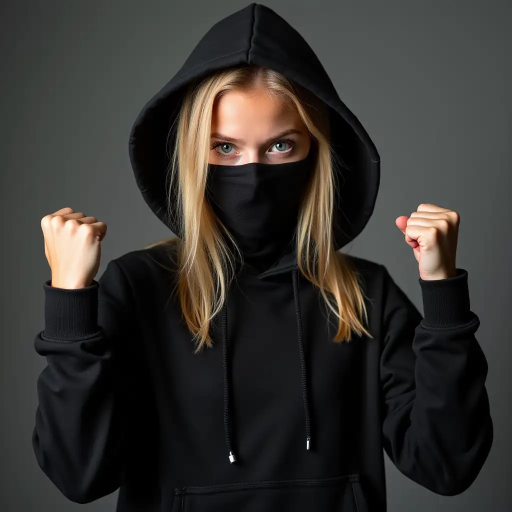 Pretty American blonde 18 year old girl with blue eyes and athletic body holds her fists raised in a serious and confident facial expression, wearing a black hoodie with the hood over her head and a black bandana over her mouth and nose, hiding her blonde hair. The girl is standing sideways.