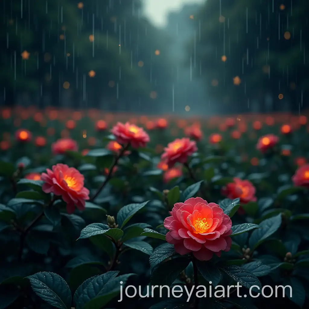 Glowing-Camellias-Field-under-Alder-Tree-Leaves-and-Starlight