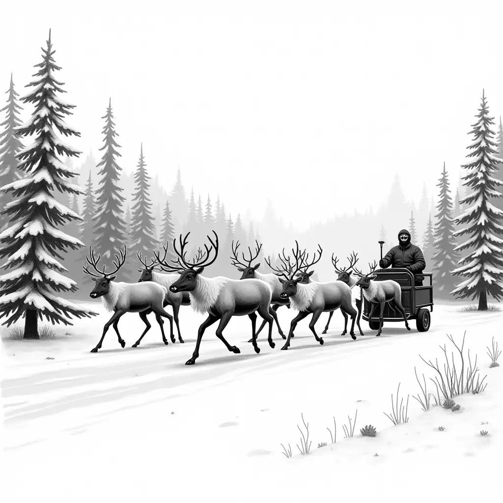 Reindeer-Running-Along-TrailerAI-Art-Prompt-Expansion-in-Pine-Tree-Forest-Black-and-White-Graphic-Drawing