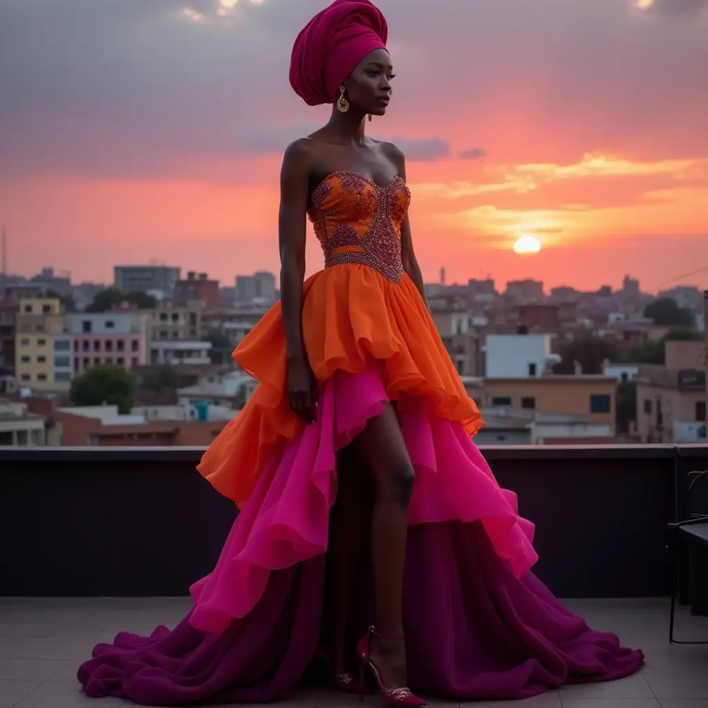 A Nigerian woman with a bold gele headwrap, wearing a haute couture dress in a gradient of sunset colors—orange, pink, and deep purple. The dress features asymmetrical layers and metallic accents. She stands on a rooftop terrace overlooking a bustling African city at dusk, with the sky painted in vibrant hues.