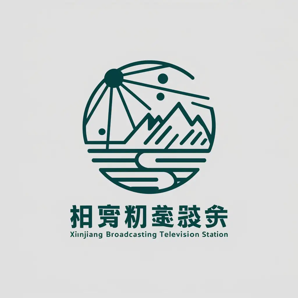 a vector logo design,with the text "Xinjiang Broadcasting Television Station", main symbol:network propagation, Tianshan, Tarim River,Minimalistic,be used in Internet industry,clear background