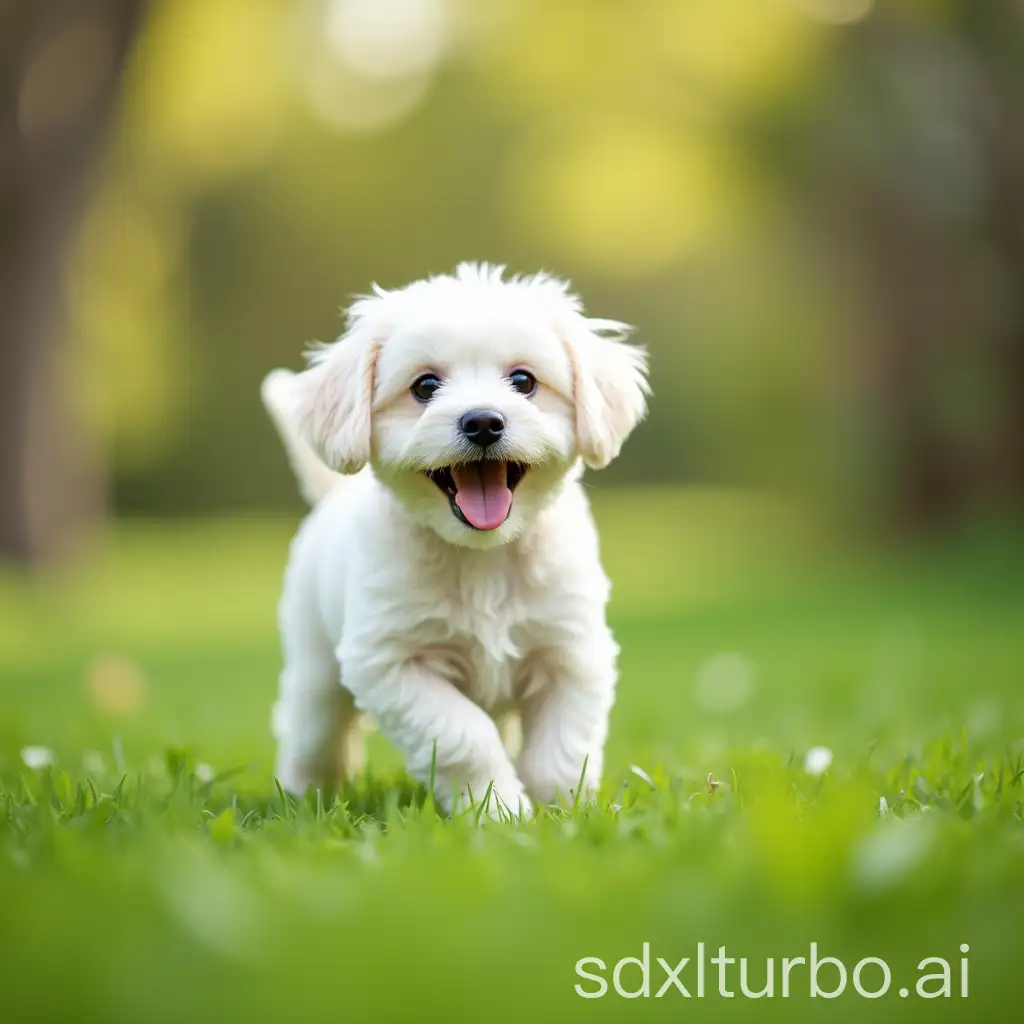 Joyful-Small-White-Dog-Playing-in-a-Colorful-Garden