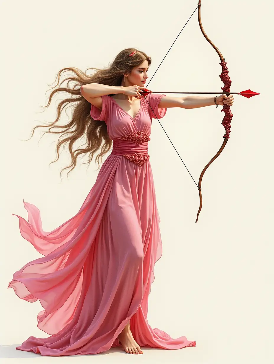 A goddess of love and beauty drawing a bow and arrow in valentine style high-quality photorealism proper bow stand no extra bows no extra arrows