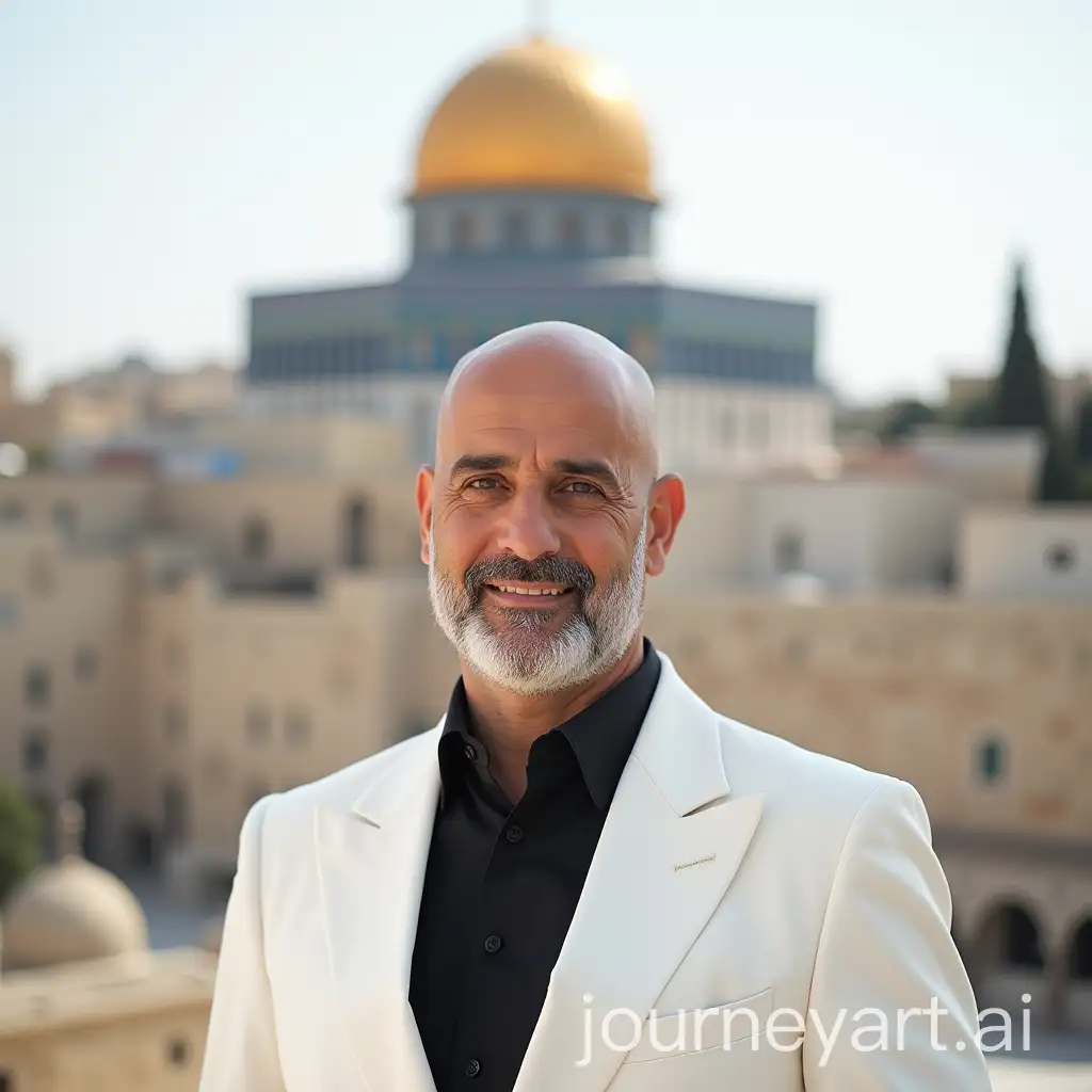 Ismail-Haniyeh-in-White-Suit-Standing-in-Front-of-the-Dome-of-the-Rock-in-Palestine