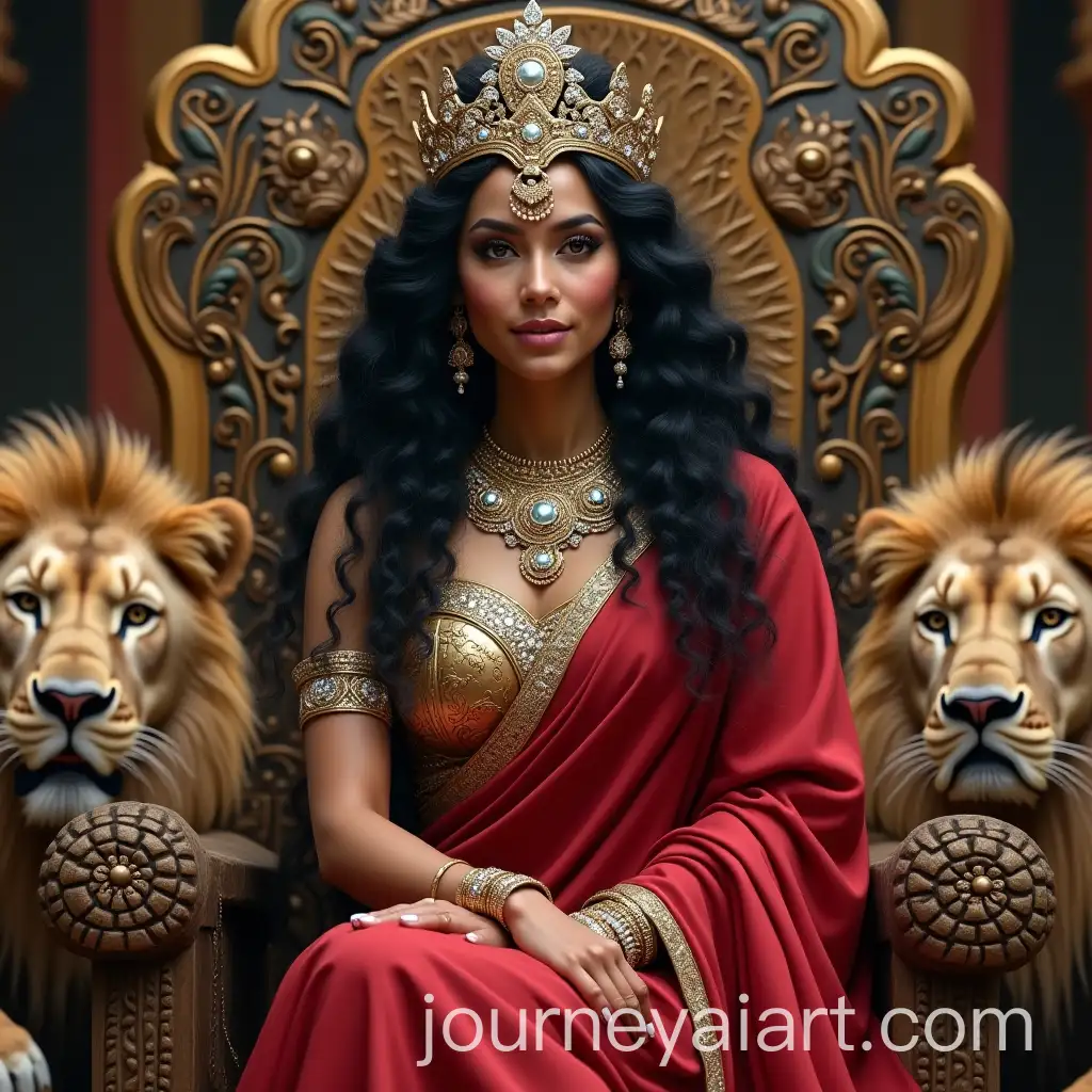 Beautiful-Female-Warrior-with-Crown-and-Throne-Surrounded-by-Lions