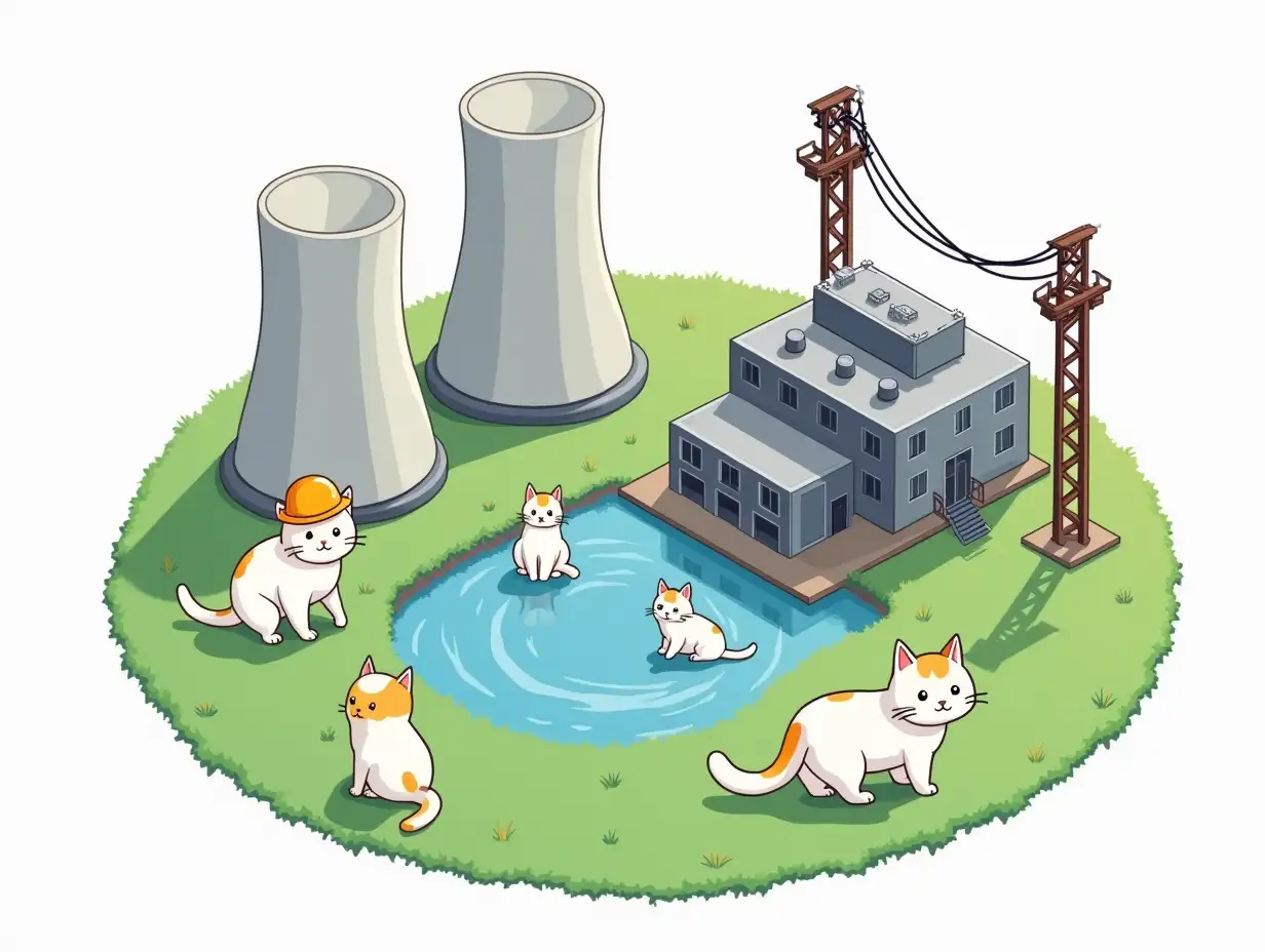 kawaii cats in nuclear power plant, two cooling towers and pond, a miniature in isometry of Russian nuclear power units reactor of PWR type with a high-voltage electrical line and small electricians in the form of white cats in hard hats,  Sticker design - top view, high resolution, vector graphics, white background, anime-style coloring