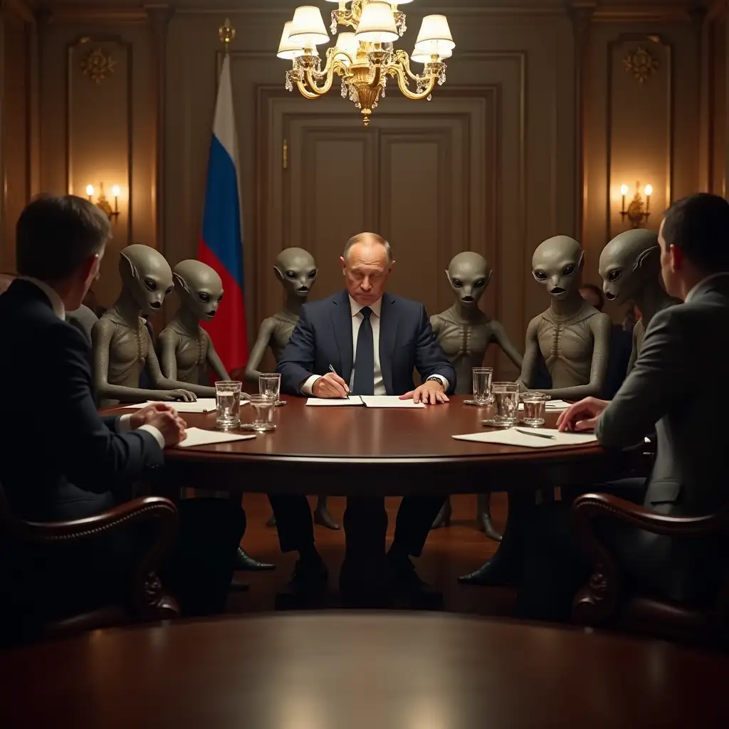 President of Russia signs a treaty with aliens at the round table, wide-angle photo