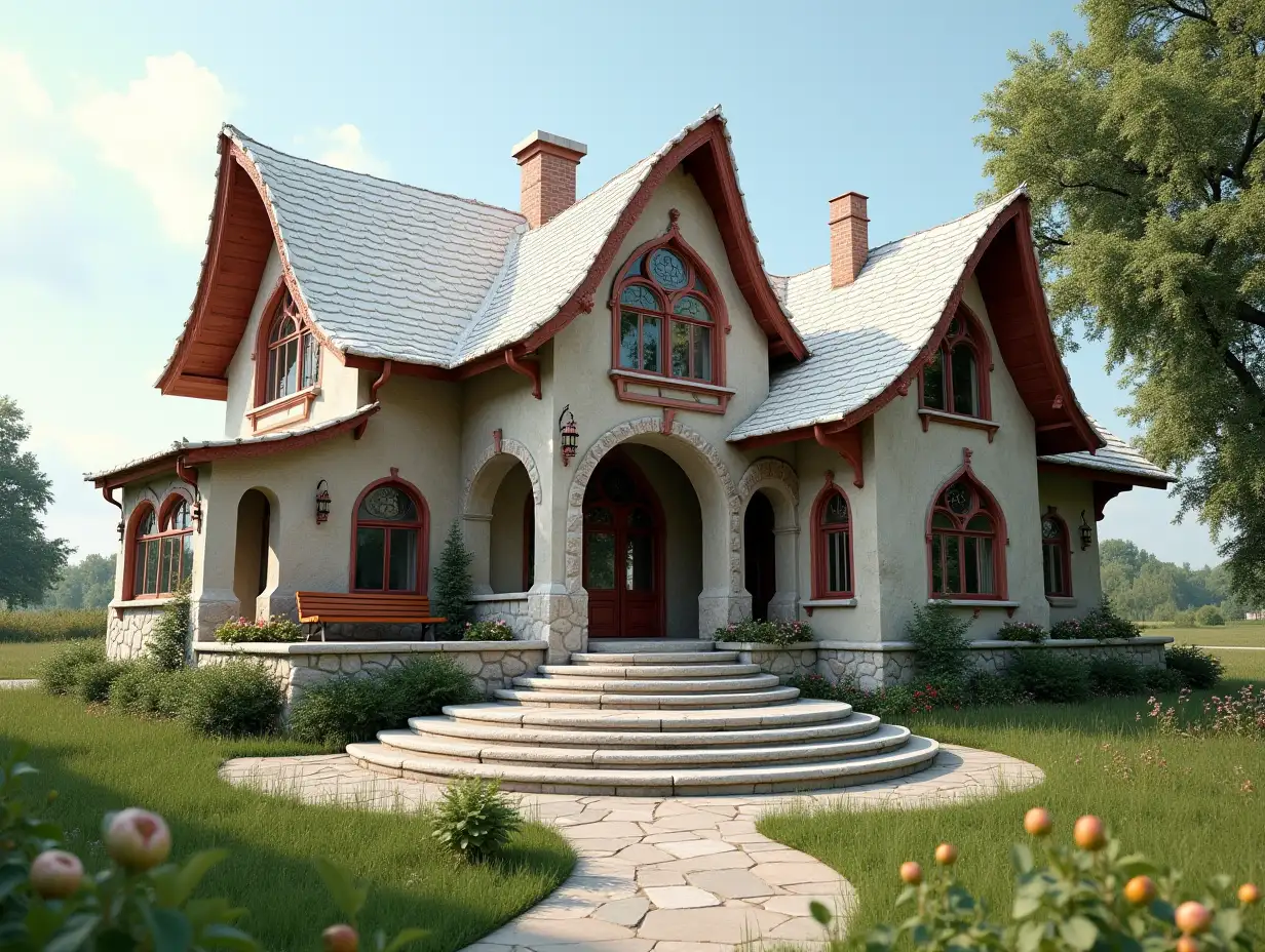 crooked house in the prairie - with bronze castings with red ornamentation in the form of triangular patterns, white roof, large windows with glass, curved, rough window shapes, winding grand entrance steps made of marble a complex curved roof with dike, lanterns, bench apple tree 4K resolution colorful superwide-angle shots